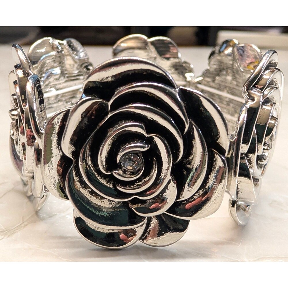 New Large SilverTone Rose Bracelet Flower Stretch Chunky Floral Statement Boho